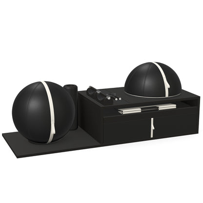 PENT. RACKA: Skipping ropes, push up bars, fitness mat, fitness ball, balance ball and stretching roller. Handcrafted with natural Italian black base leather, white accent leather and black ash wood.