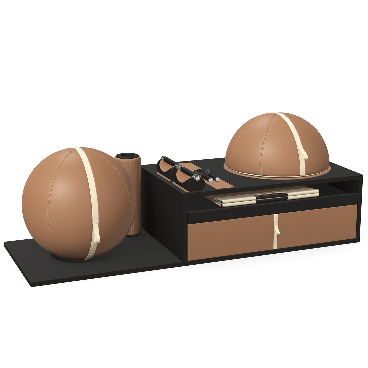 PENT. RACKA: Skipping ropes, push up bars, fitness mat, fitness ball, balance ball and stretching roller. Handcrafted with natural Italian brown base leather, beige accent leather and black ash wood.
