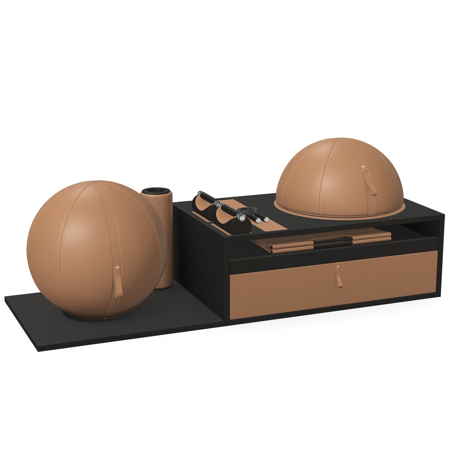 PENT. RACKA: Skipping ropes, push up bars, fitness mat, fitness ball, balance ball and stretching roller. Handcrafted with natural Italian brown base leather, brown accent leather and black ash wood.