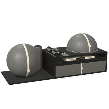 PENT. RACKA: Skipping ropes, push up bars, fitness mat, fitness ball, balance ball and stretching roller. Handcrafted with natural Italian grey base leather, beige accent leather and black ash wood.