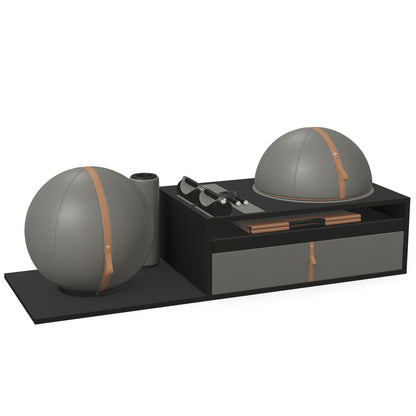 PENT. RACKA: Skipping ropes, push up bars, fitness mat, fitness ball, balance ball and stretching roller. Handcrafted with natural Italian grey base leather, brown accent leather and black ash wood.