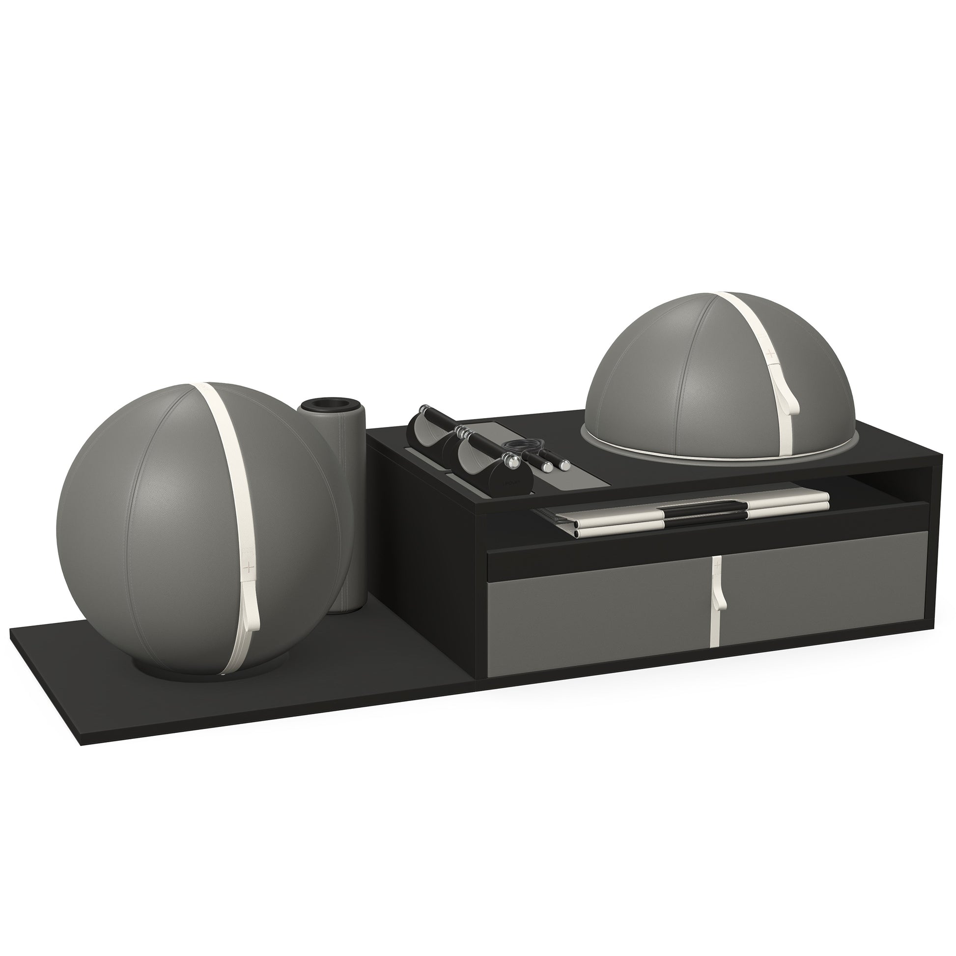 PENT. RACKA: Skipping ropes, push up bars, fitness mat, fitness ball, balance ball and stretching roller. Handcrafted with natural Italian grey base leather, white accent leather and black ash wood.