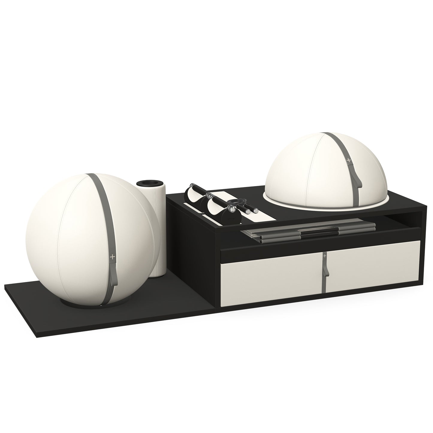 PENT. RACKA: Skipping ropes, push up bars, fitness mat, fitness ball, balance ball and stretching roller. Handcrafted with natural Italian white base leather, grey accent leather and black ash wood.