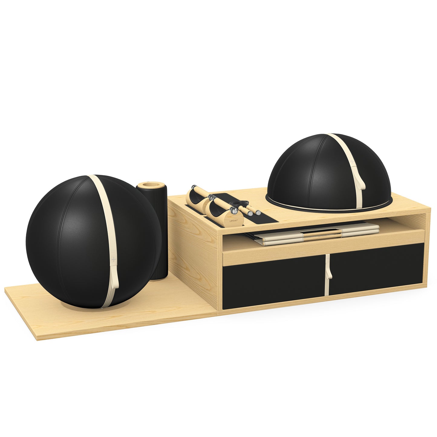 PENT. RACKA: Skipping ropes, push up bars, fitness mat, fitness ball, balance ball and stretching roller. Handcrafted with natural Italian black base leather, beige accent leather and natural ash wood.
