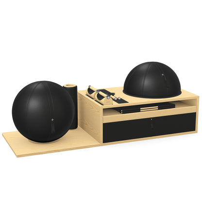 PENT. RACKA: Skipping ropes, push up bars, fitness mat, fitness ball, balance ball and stretching roller. Handcrafted with natural Italian black base leather, black accent leather and natural ash wood.