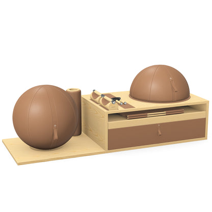PENT. RACKA: Skipping ropes, push up bars, fitness mat, fitness ball, balance ball and stretching roller. Handcrafted with natural Italian brown base leather, brown accent leather and natural ash wood.