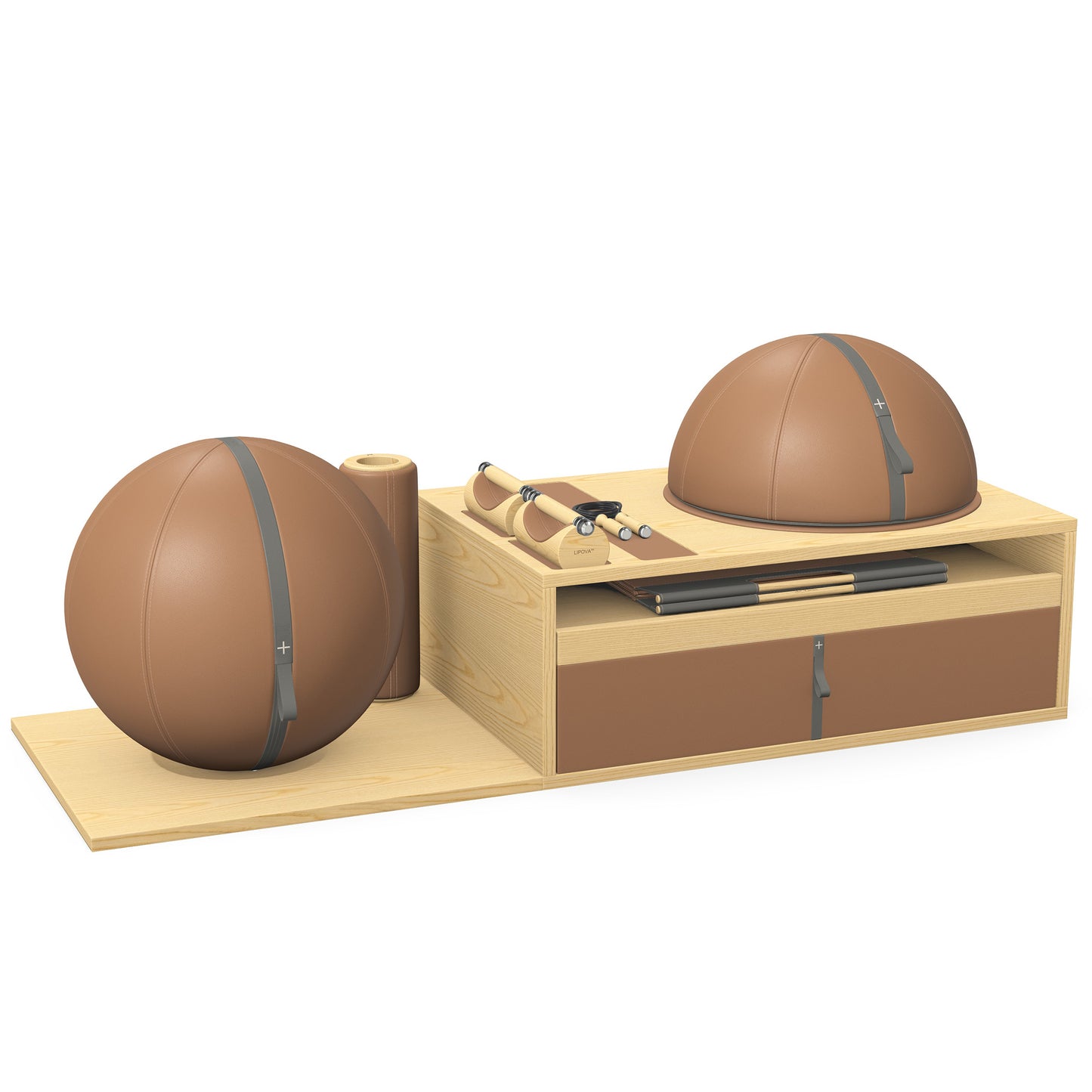 PENT. RACKA: Skipping ropes, push up bars, fitness mat, fitness ball, balance ball and stretching roller. Handcrafted with natural Italian brown base leather, grey accent leather and natural ash wood.