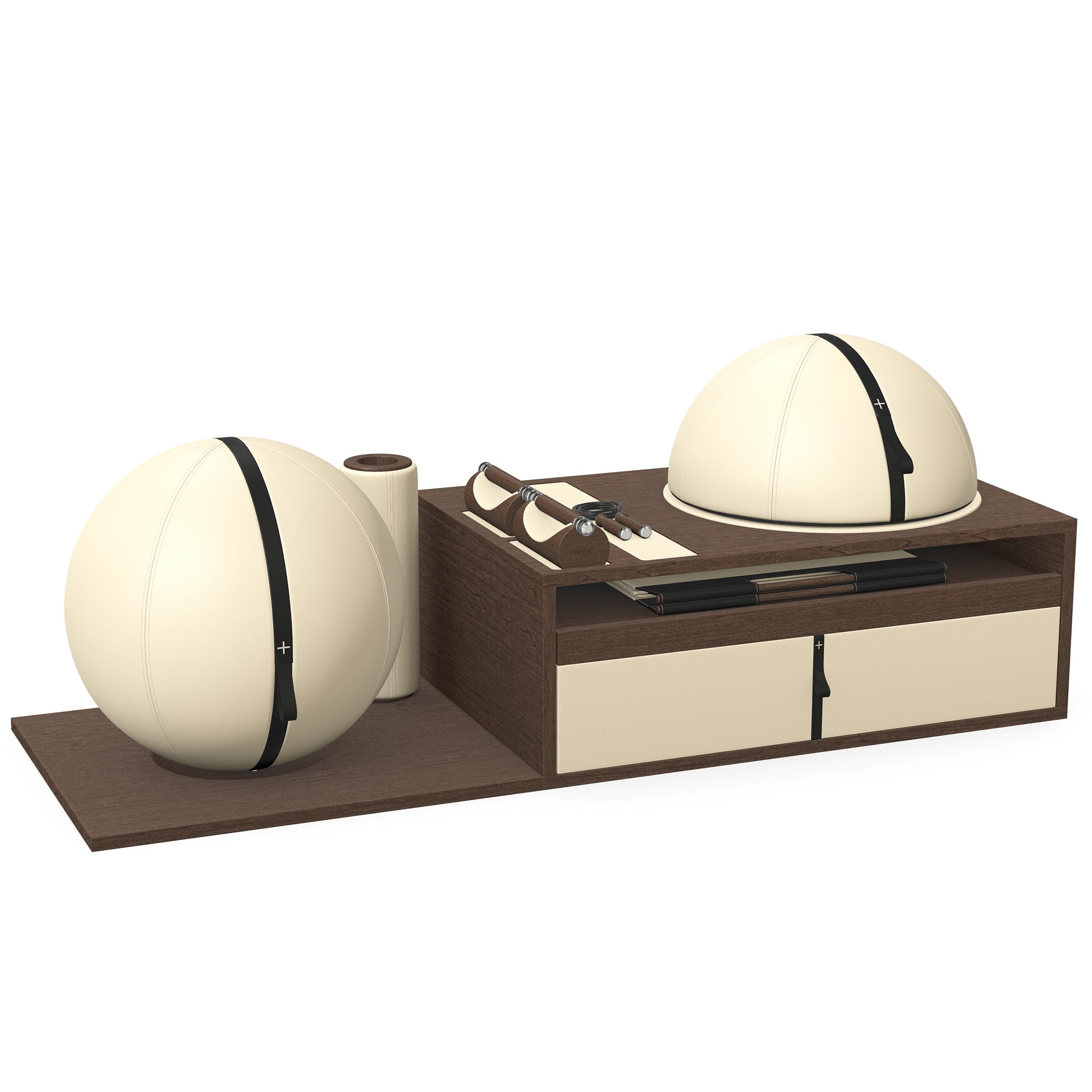 PENT. RACKA: Skipping ropes, push up bars, fitness mat, fitness ball, balance ball and stretching roller. Handcrafted with natural Italian beige base leather, black accent leather and dark walnut wood.