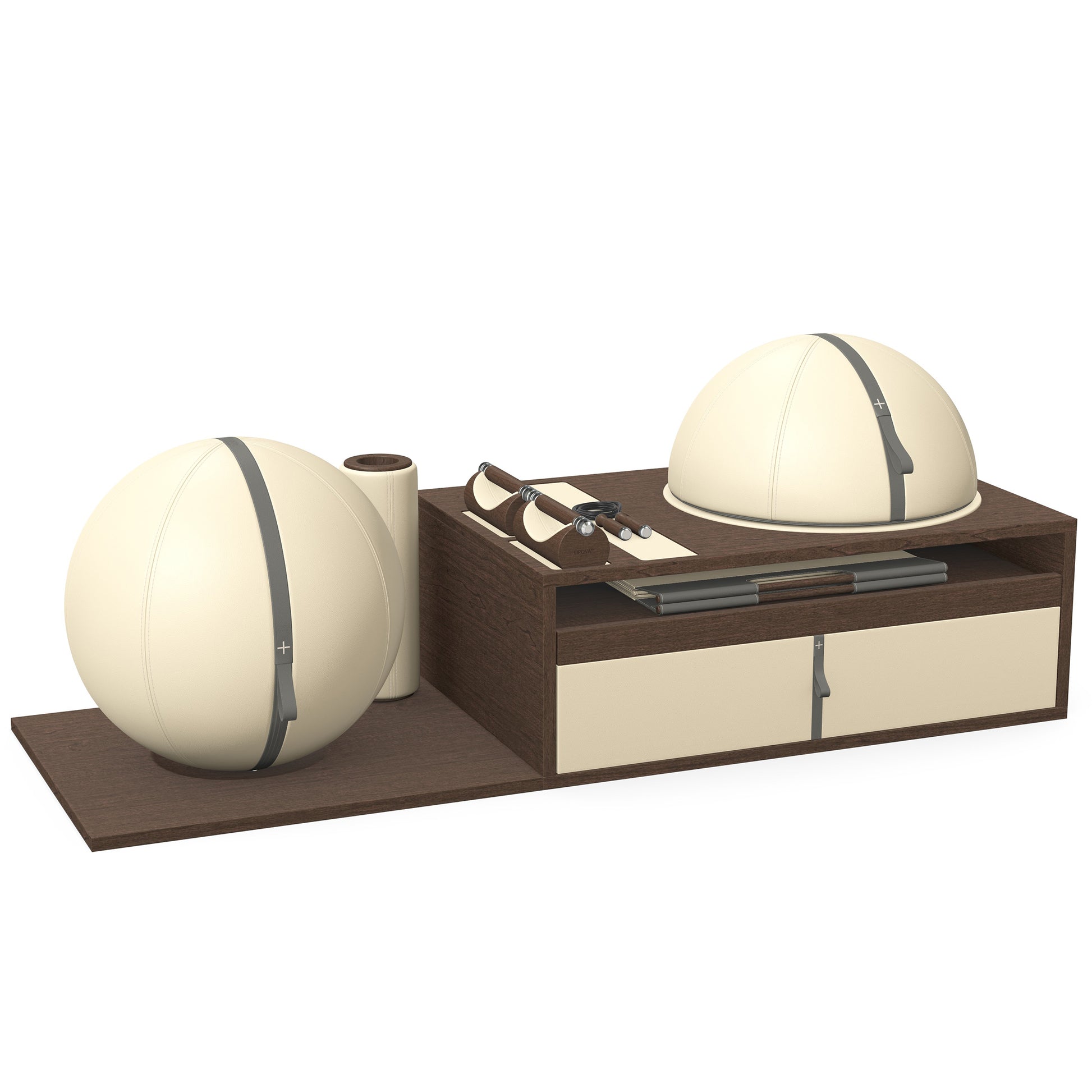 PENT. RACKA: Skipping ropes, push up bars, fitness mat, fitness ball, balance ball and stretching roller. Handcrafted with natural Italian beige base leather, grey accent leather and dark walnut wood.