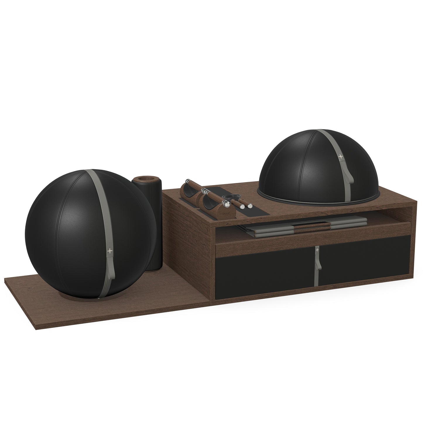 PENT. RACKA: Skipping ropes, push up bars, fitness mat, fitness ball, balance ball and stretching roller. Handcrafted with natural Italian black base leather, grey accent leather and dark walnut wood.