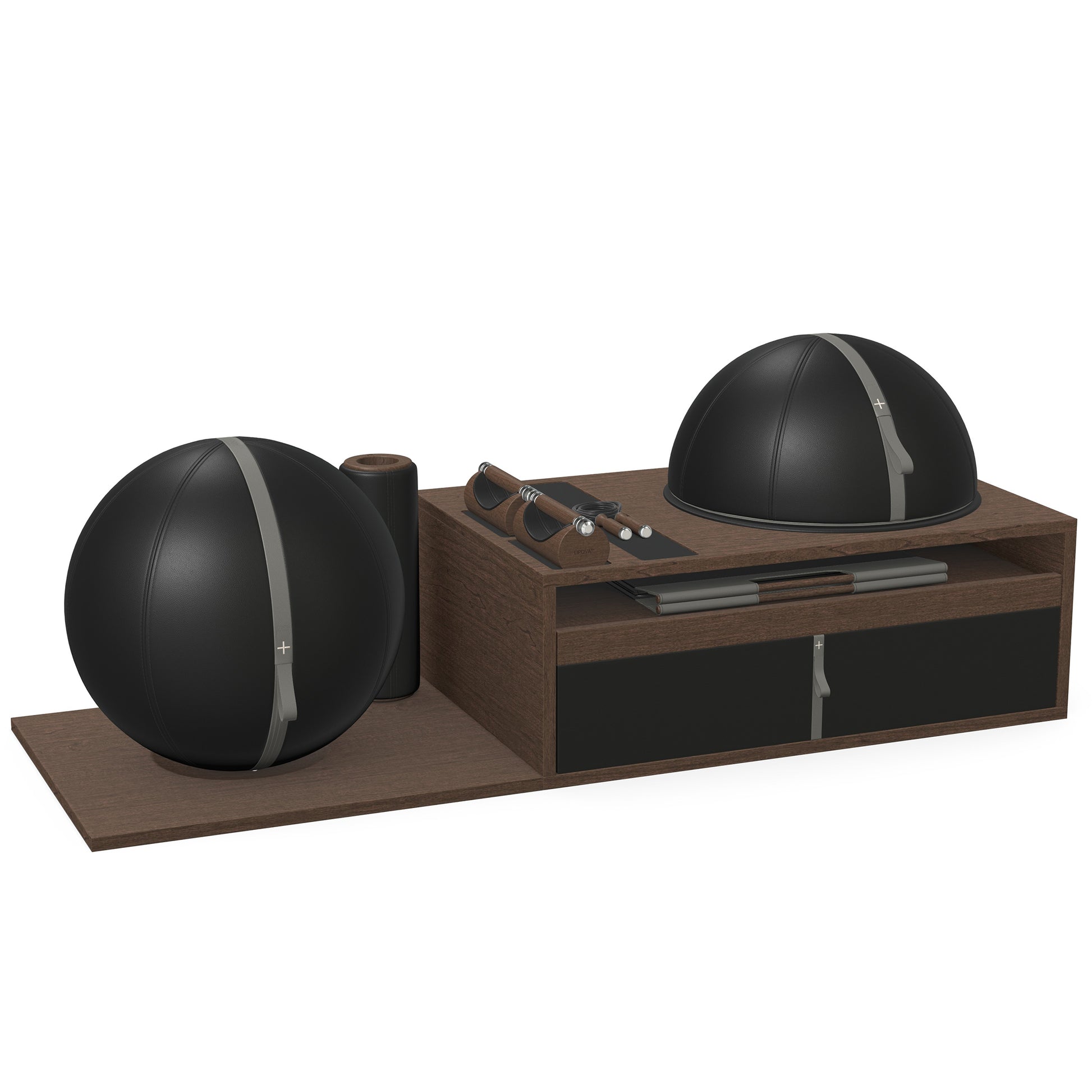 PENT. RACKA: Skipping ropes, push up bars, fitness mat, fitness ball, balance ball and stretching roller. Handcrafted with natural Italian black base leather, grey accent leather and dark walnut wood.