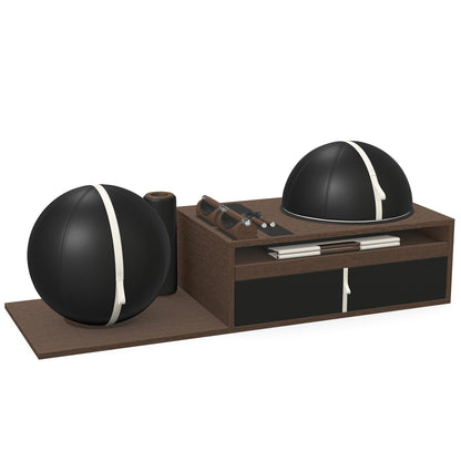 PENT. RACKA: Skipping ropes, push up bars, fitness mat, fitness ball, balance ball and stretching roller. Handcrafted with natural Italian black base leather, white accent leather and dark walnut wood.