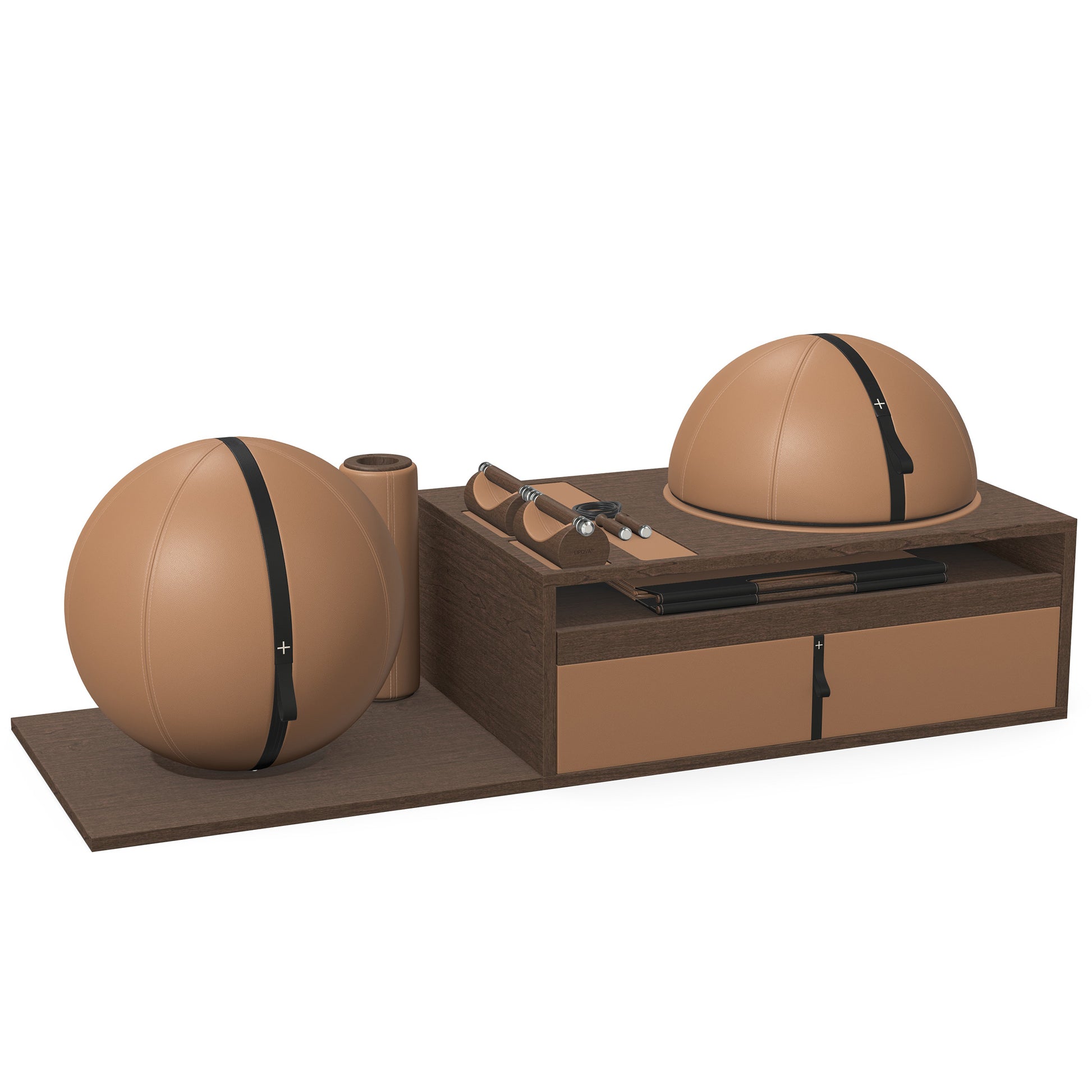 PENT. RACKA: Skipping ropes, push up bars, fitness mat, fitness ball, balance ball and stretching roller. Handcrafted with natural Italian brown base leather, black accent leather and dark walnut wood.