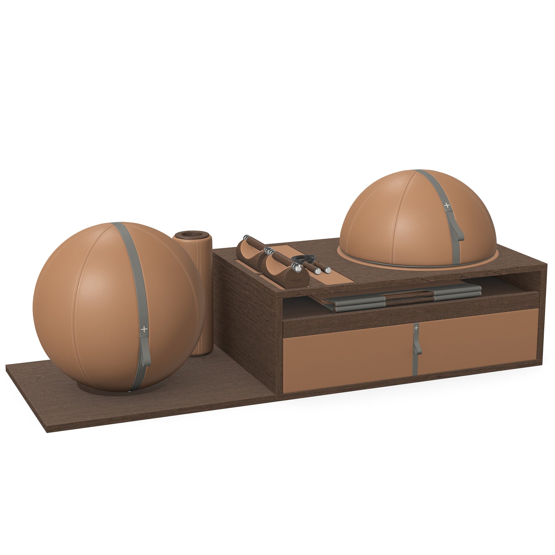 PENT. RACKA: Skipping ropes, push up bars, fitness mat, fitness ball, balance ball and stretching roller. Handcrafted with natural Italian brown base leather, grey accent leather and dark walnut wood.
