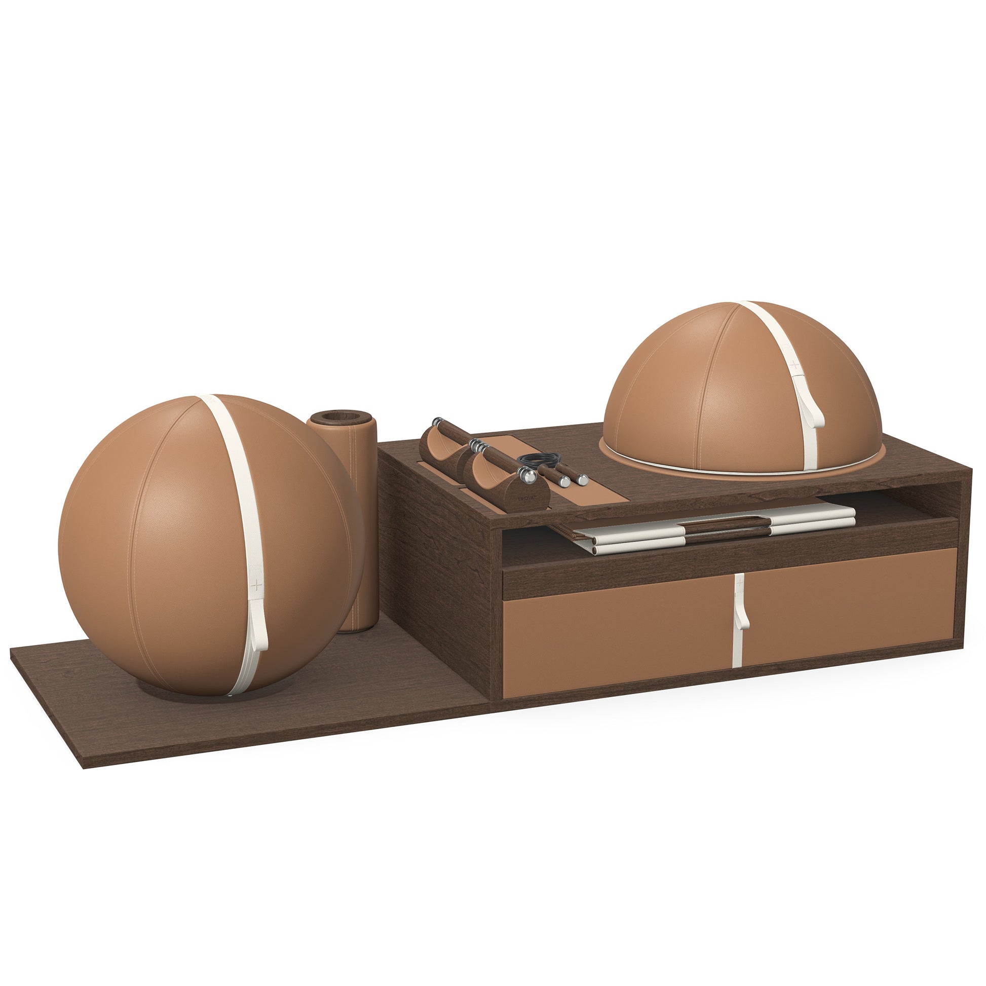 PENT. RACKA: Skipping ropes, push up bars, fitness mat, fitness ball, balance ball and stretching roller. Handcrafted with natural Italian brown base leather, white accent leather and dark walnut wood.