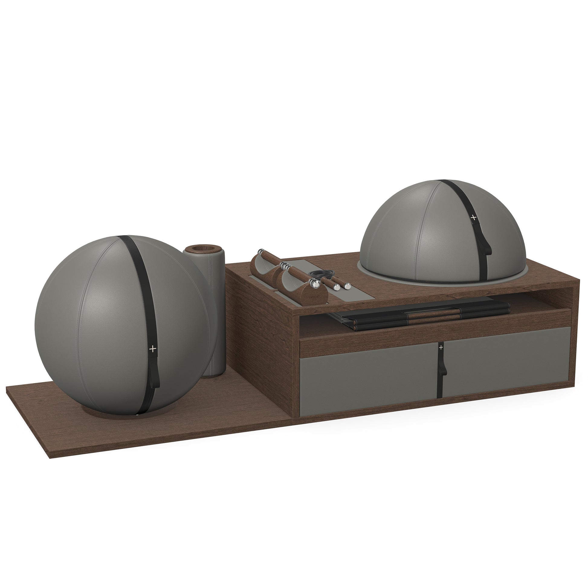 PENT. RACKA: Skipping ropes, push up bars, fitness mat, fitness ball, balance ball and stretching roller. Handcrafted with natural Italian grey base leather, black accent leather and dark walnut wood.