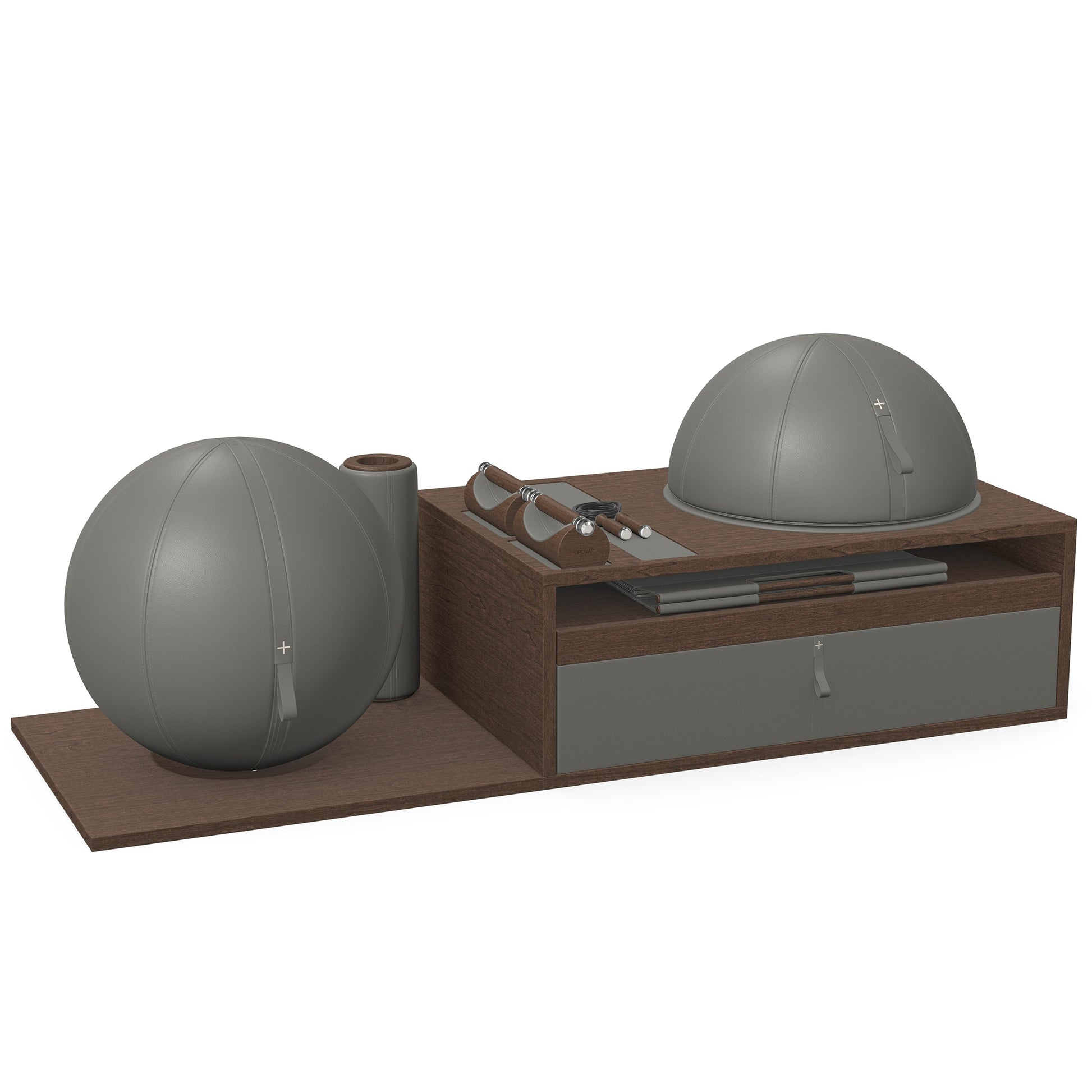 PENT. RACKA: Skipping ropes, push up bars, fitness mat, fitness ball, balance ball and stretching roller. Handcrafted with natural Italian grey base leather, grey accent leather and dark walnut wood.