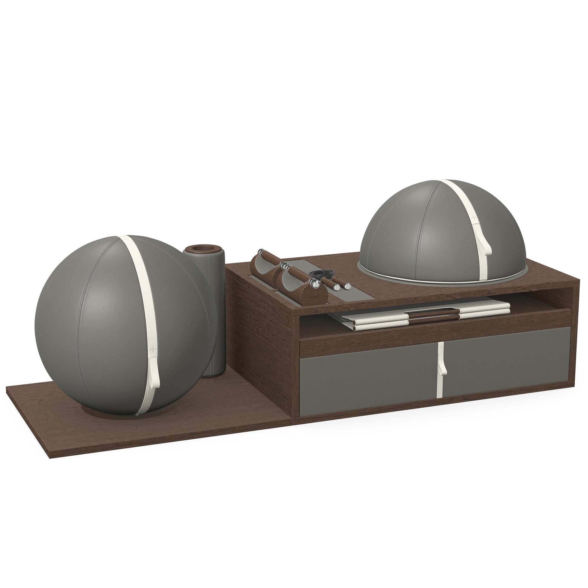 PENT. RACKA: Skipping ropes, push up bars, fitness mat, fitness ball, balance ball and stretching roller. Handcrafted with natural Italian grey base leather, white accent leather and dark walnut wood.