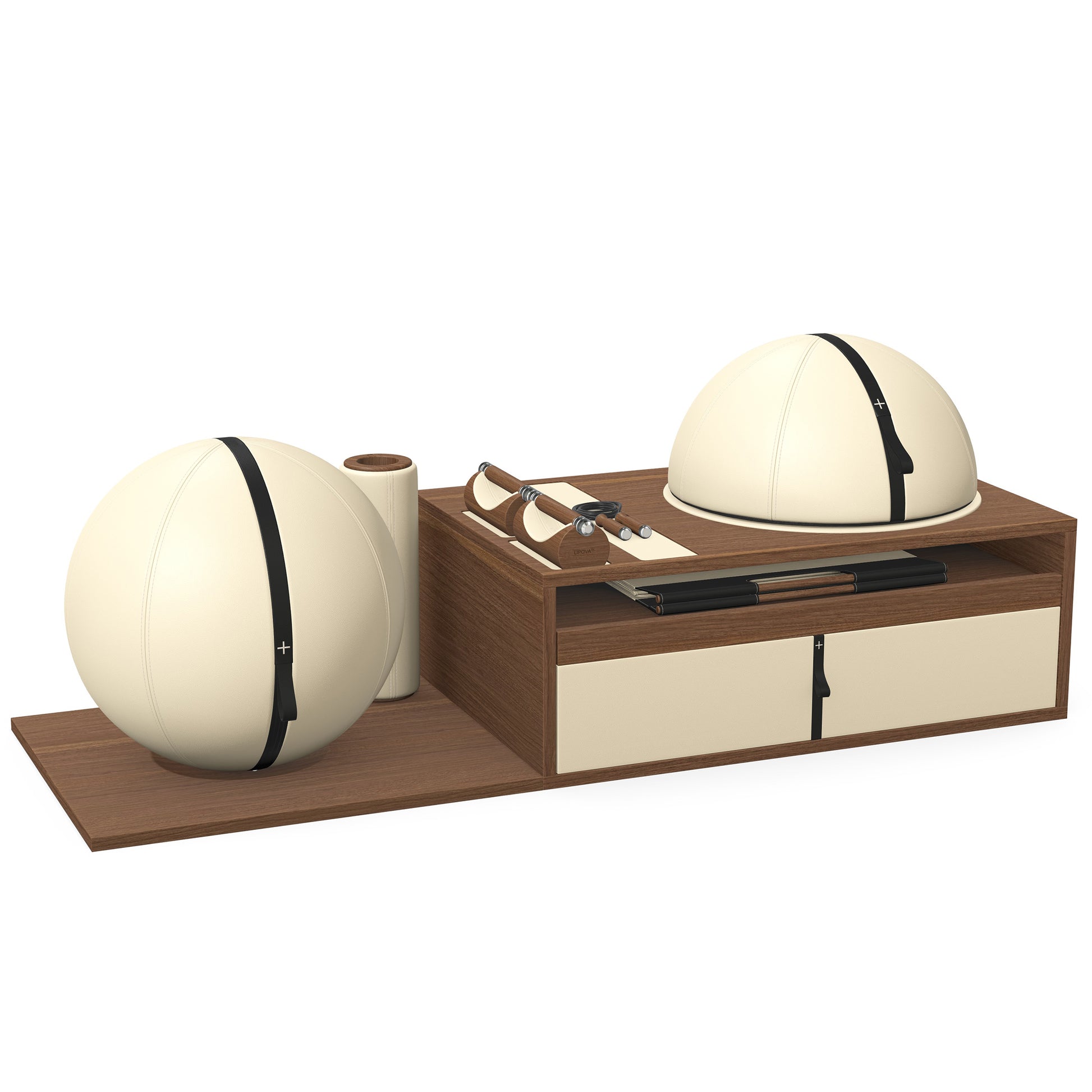 PENT. RACKA: Skipping ropes, push up bars, fitness mat, fitness ball, balance ball and stretching roller. Handcrafted with natural Italian beige base leather, black accent leather and natural walnut wood.
