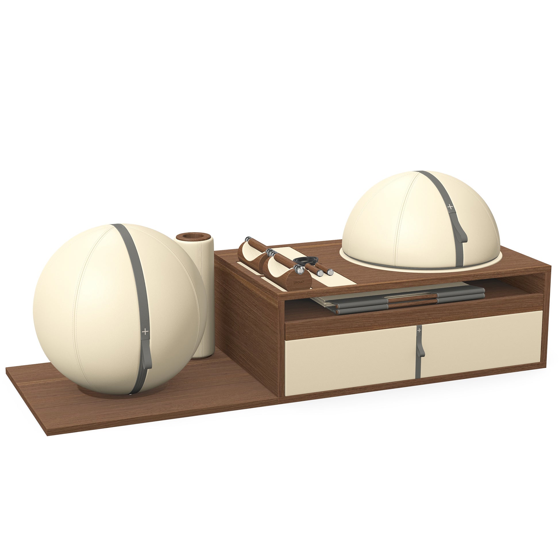 PENT. RACKA: Skipping ropes, push up bars, fitness mat, fitness ball, balance ball and stretching roller. Handcrafted with natural Italian beige base leather, grey accent leather and natural walnut wood.
