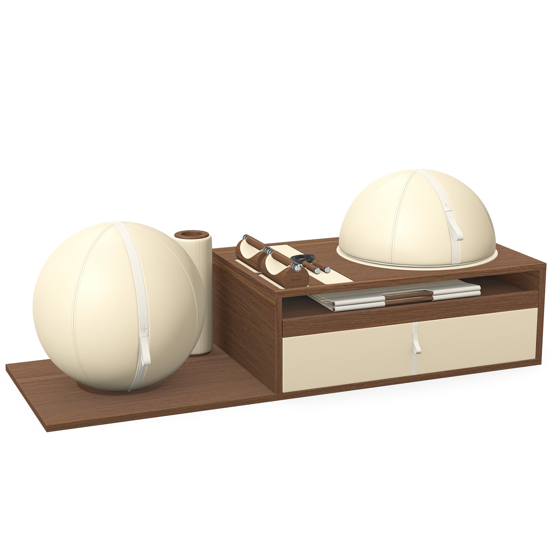 PENT. RACKA: Skipping ropes, push up bars, fitness mat, fitness ball, balance ball and stretching roller. Handcrafted with natural Italian beige base leather, white accent leather and natural walnut wood.