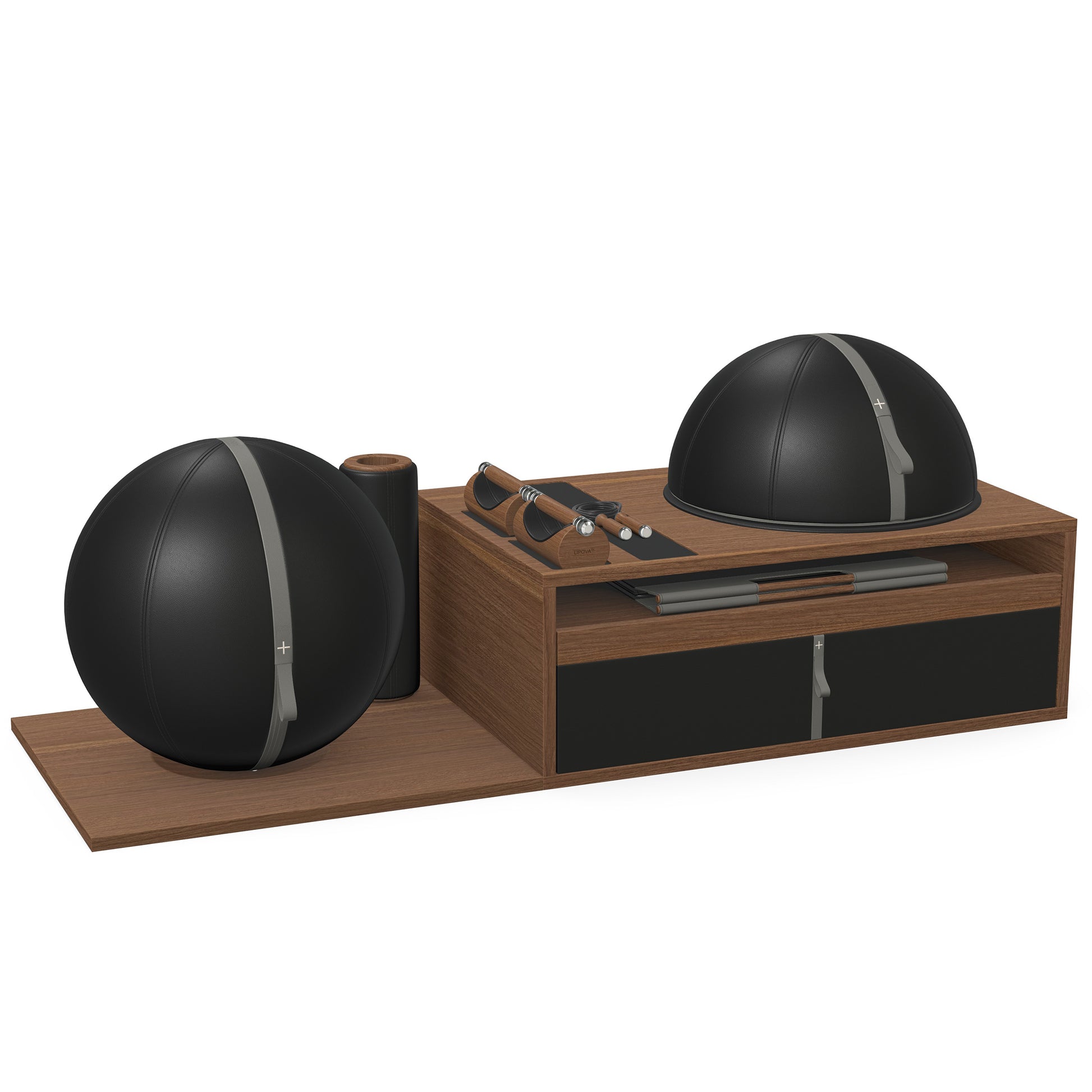 PENT. RACKA: Skipping ropes, push up bars, fitness mat, fitness ball, balance ball and stretching roller. Handcrafted with natural Italian black base leather, grey accent leather and natural walnut wood.