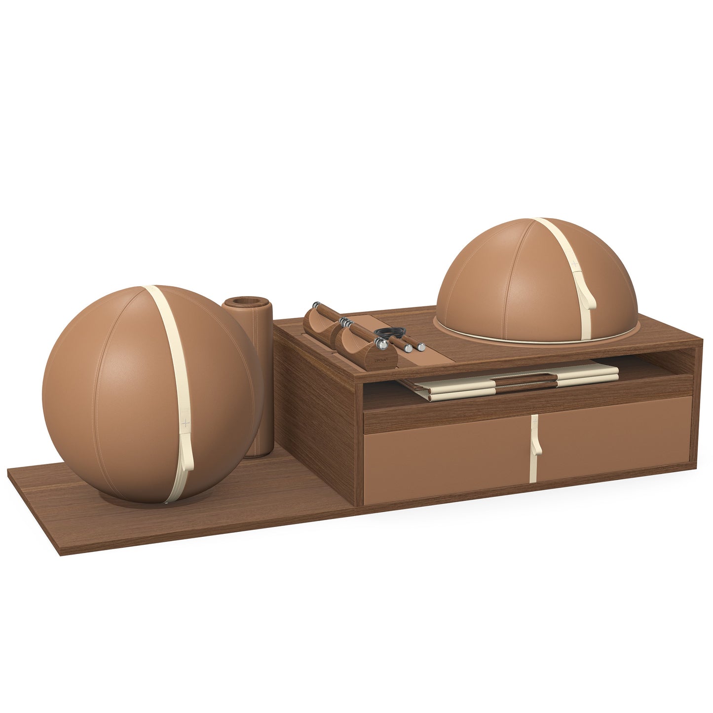 PENT. RACKA: Skipping ropes, push up bars, fitness mat, fitness ball, balance ball and stretching roller. Handcrafted with natural Italian brown base leather, beige accent leather and natural walnut wood.
