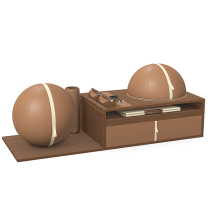 PENT. RACKA: Skipping ropes, push up bars, fitness mat, fitness ball, balance ball and stretching roller. Handcrafted with natural Italian brown base leather, beige accent leather and natural walnut wood.