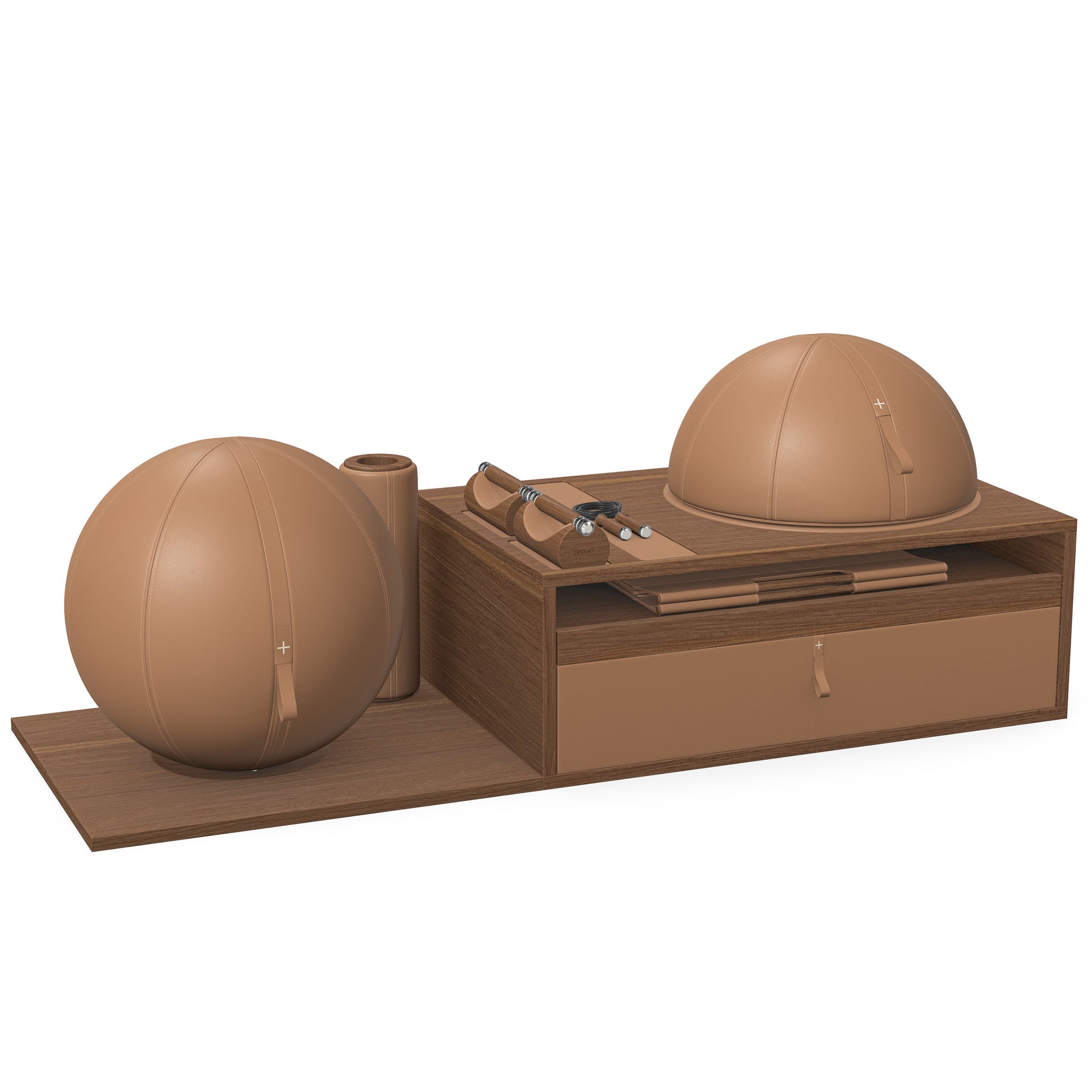 PENT. RACKA: Skipping ropes, push up bars, fitness mat, fitness ball, balance ball and stretching roller. Handcrafted with natural Italian brown base leather, brown accent leather and natural walnut wood.