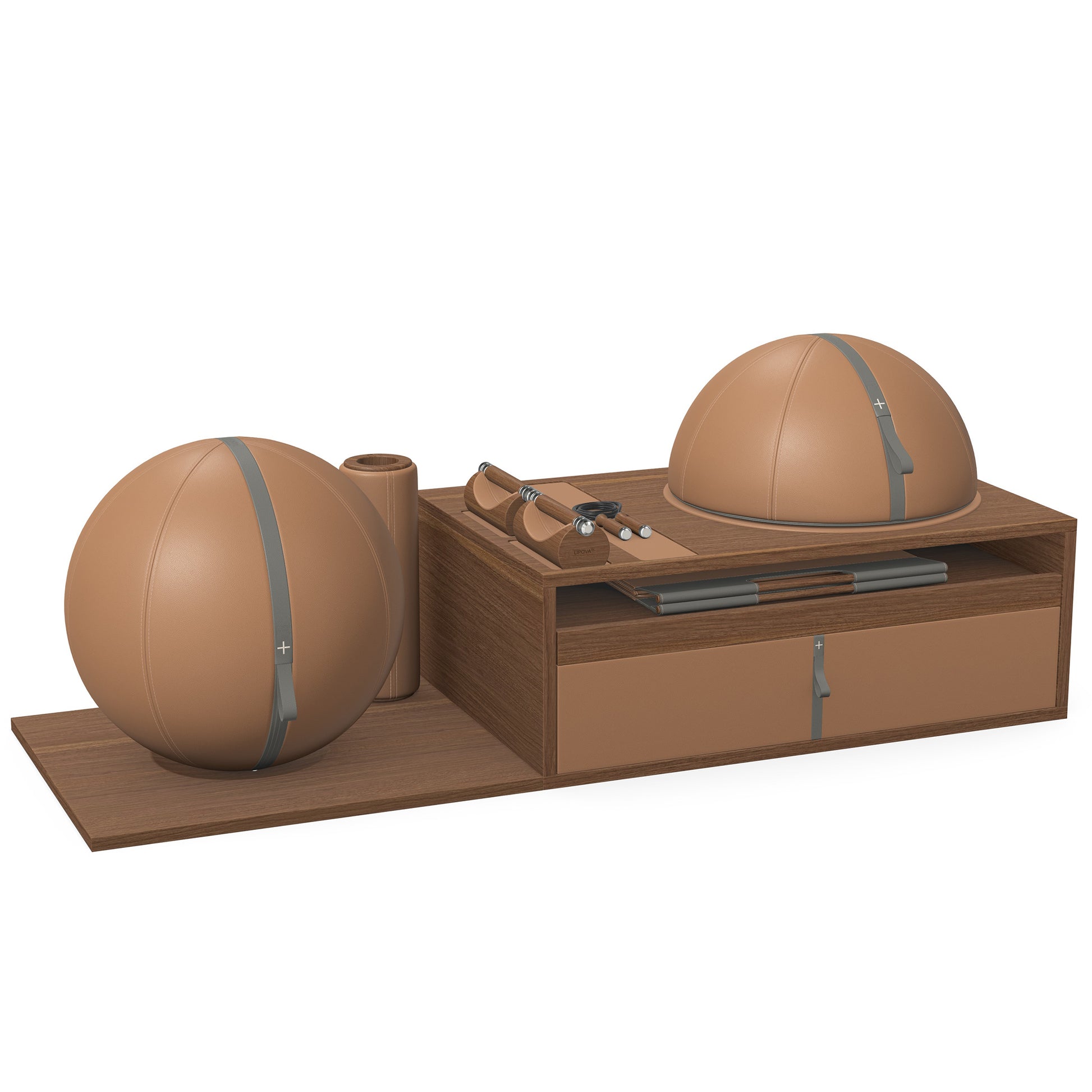 PENT. RACKA: Skipping ropes, push up bars, fitness mat, fitness ball, balance ball and stretching roller. Handcrafted with natural Italian brown base leather, grey accent leather and natural walnut wood.