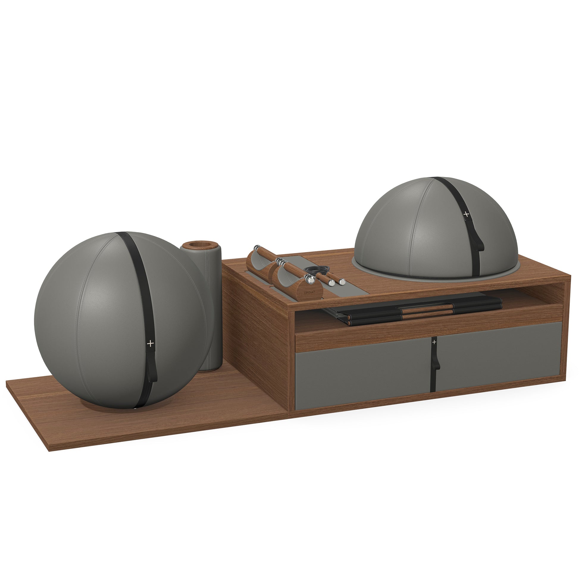 PENT. RACKA: Skipping ropes, push up bars, fitness mat, fitness ball, balance ball and stretching roller. Handcrafted with natural Italian grey base leather, black accent leather and natural walnut wood.