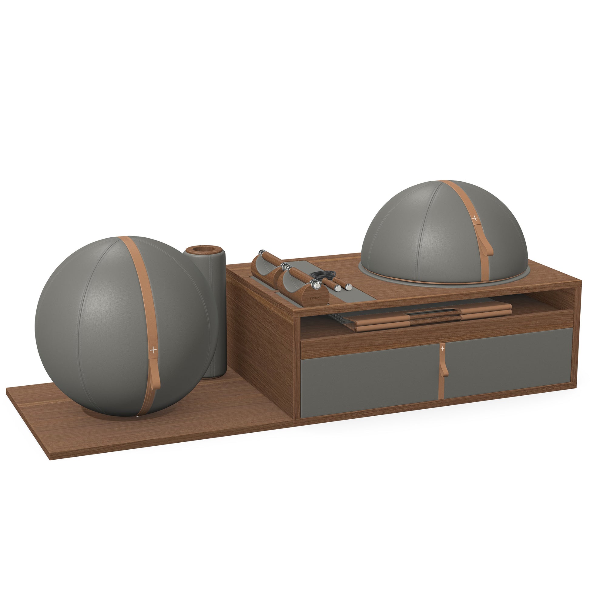 PENT. RACKA: Skipping ropes, push up bars, fitness mat, fitness ball, balance ball and stretching roller. Handcrafted with natural Italian grey base leather, brown accent leather and natural walnut wood.