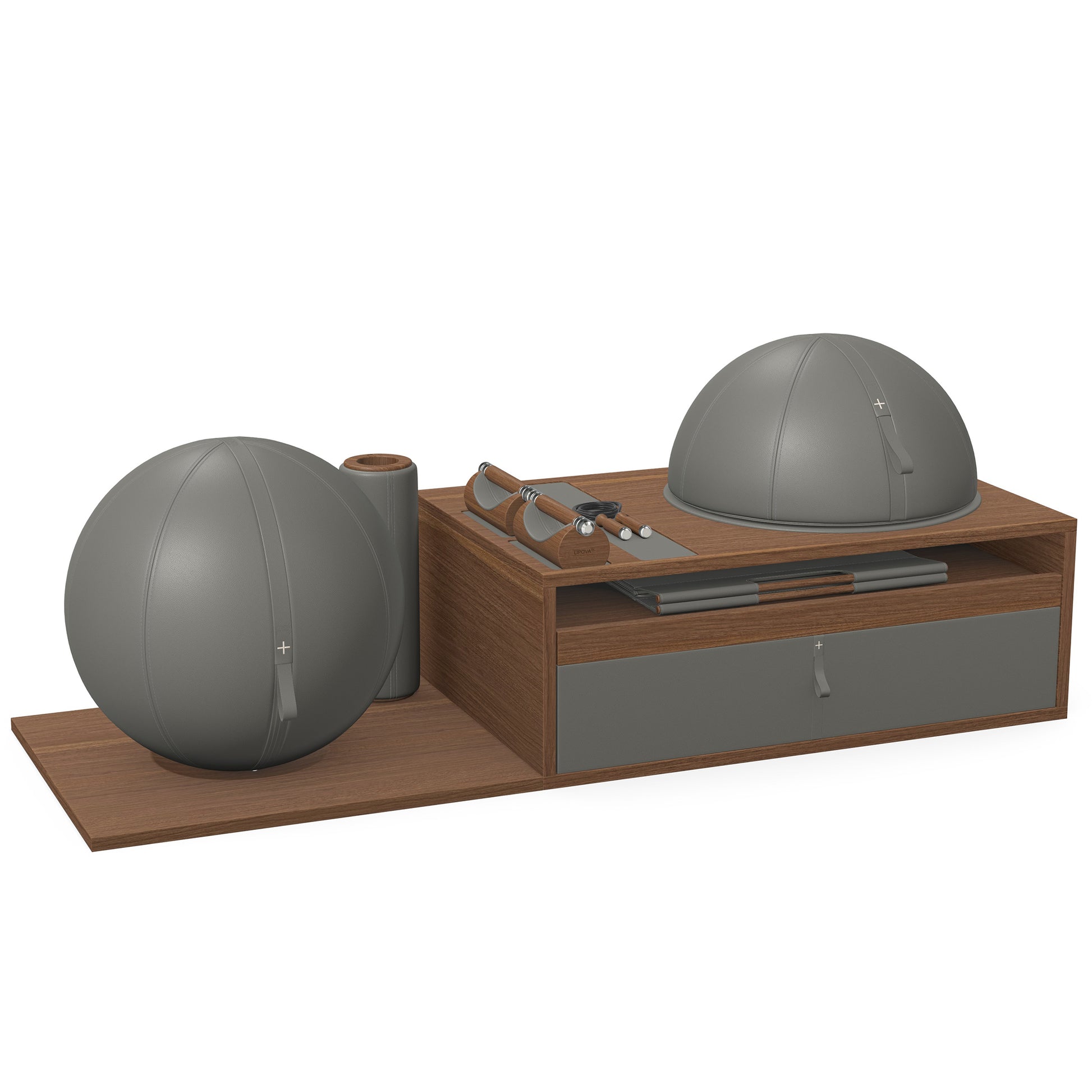 PENT. RACKA: Skipping ropes, push up bars, fitness mat, fitness ball, balance ball and stretching roller. Handcrafted with natural Italian grey base leather, grey accent leather and natural walnut wood.
