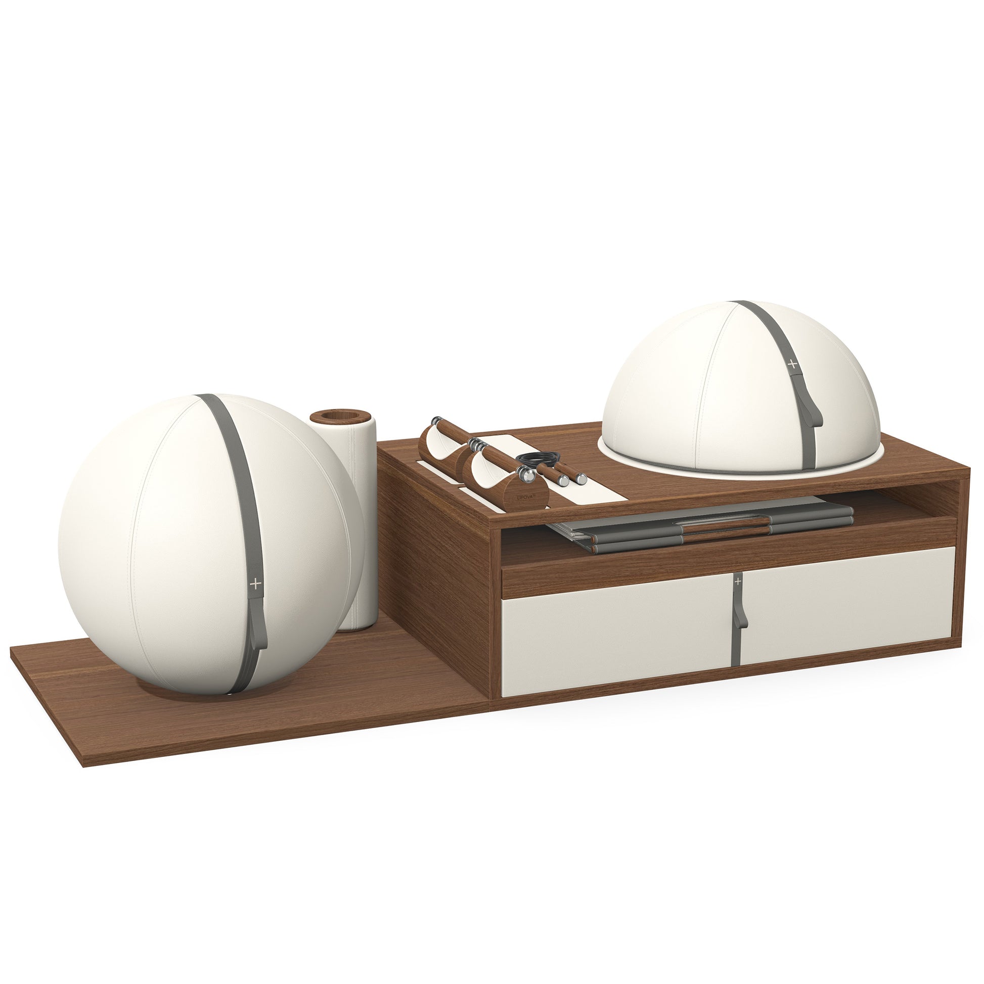 PENT. RACKA: Skipping ropes, push up bars, fitness mat, fitness ball, balance ball and stretching roller. Handcrafted with natural Italian white base leather, grey accent leather and natural walnut wood.