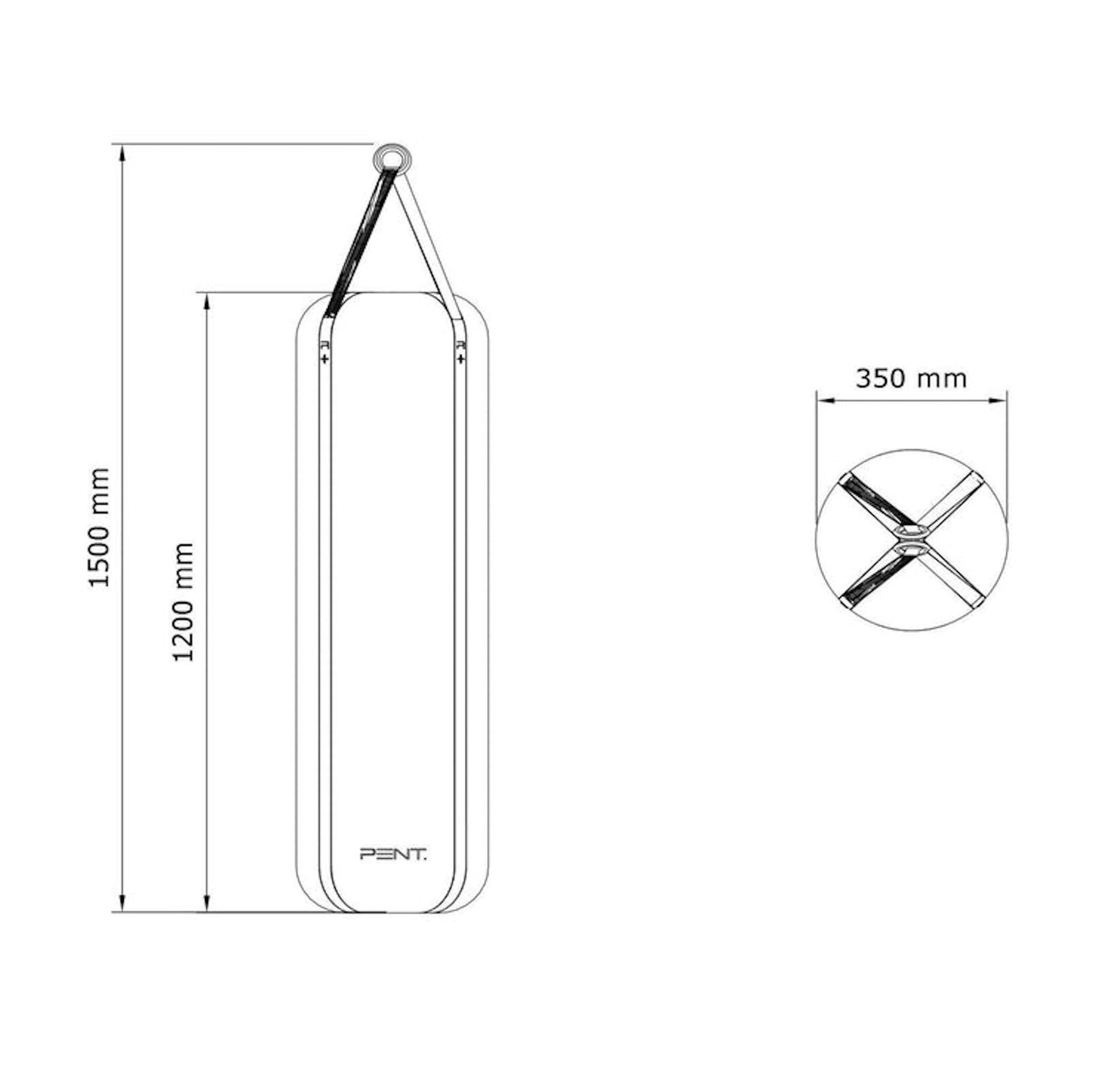 Dimension image of the luxury punching bag and boxing gloves. PENT. RAXA 