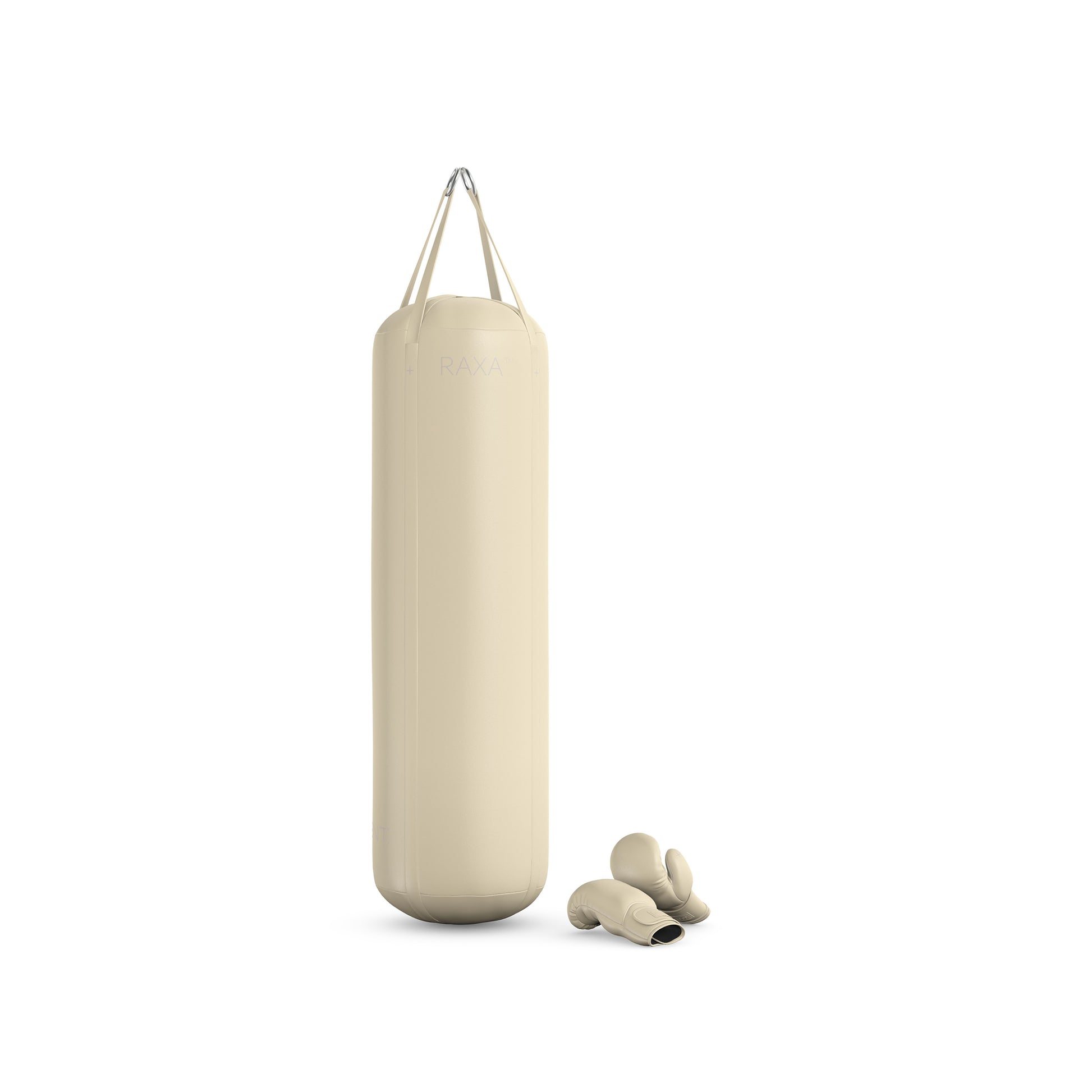 Luxury boxing equipment, handcrafted genuine Italian leather punching bag and boxing gloves, filled with genuine leather scraps. Base leather in beige and accent leather in beige color. PENT. RAXA