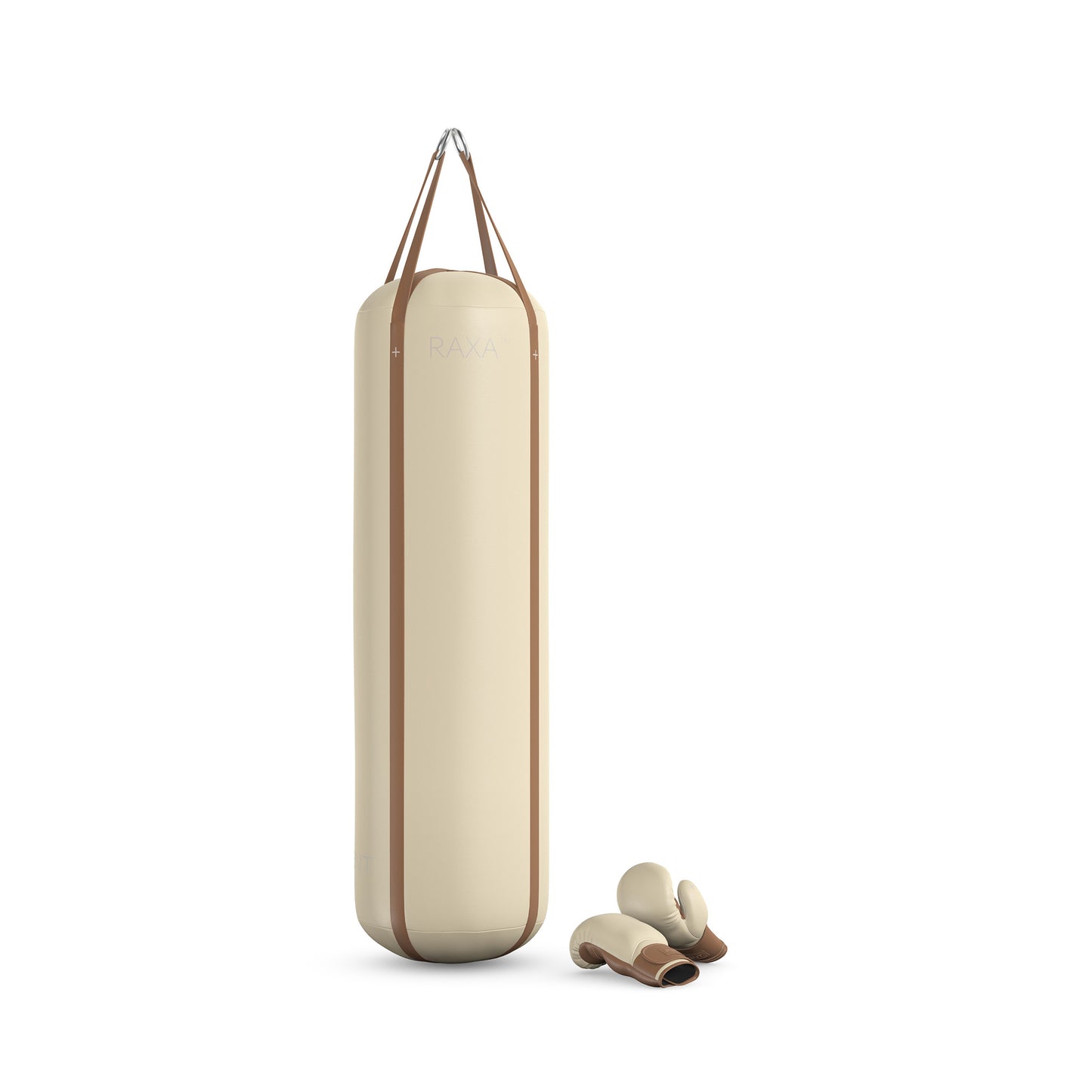 Luxury boxing equipment, handcrafted genuine Italian leather punching bag and boxing gloves, filled with genuine leather scraps. Base leather in beige and accent leather in brown color. PENT. RAXA