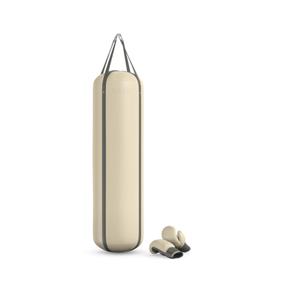 Luxury boxing equipment, handcrafted genuine Italian leather punching bag and boxing gloves, filled with genuine leather scraps. Base leather in beige and accent leather in grey color. PENT. RAXA
