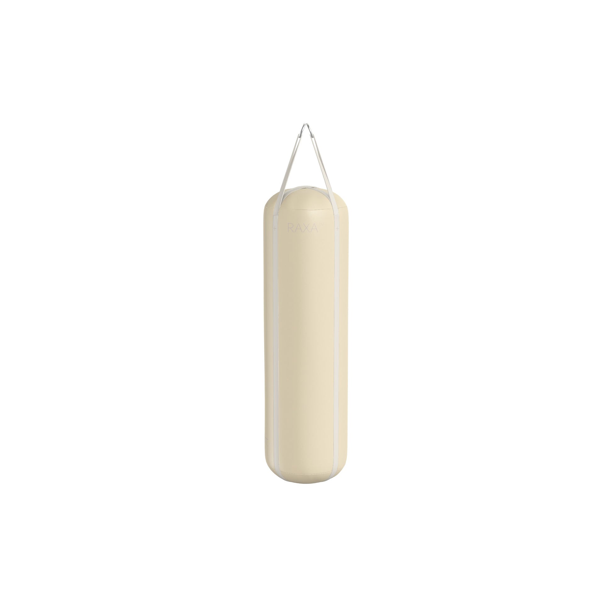Luxury boxing equipment, handcrafted genuine Italian leather punching bag, filled with genuine leather scraps. Base leather in beige and accent leather in white color. PENT. RAXA