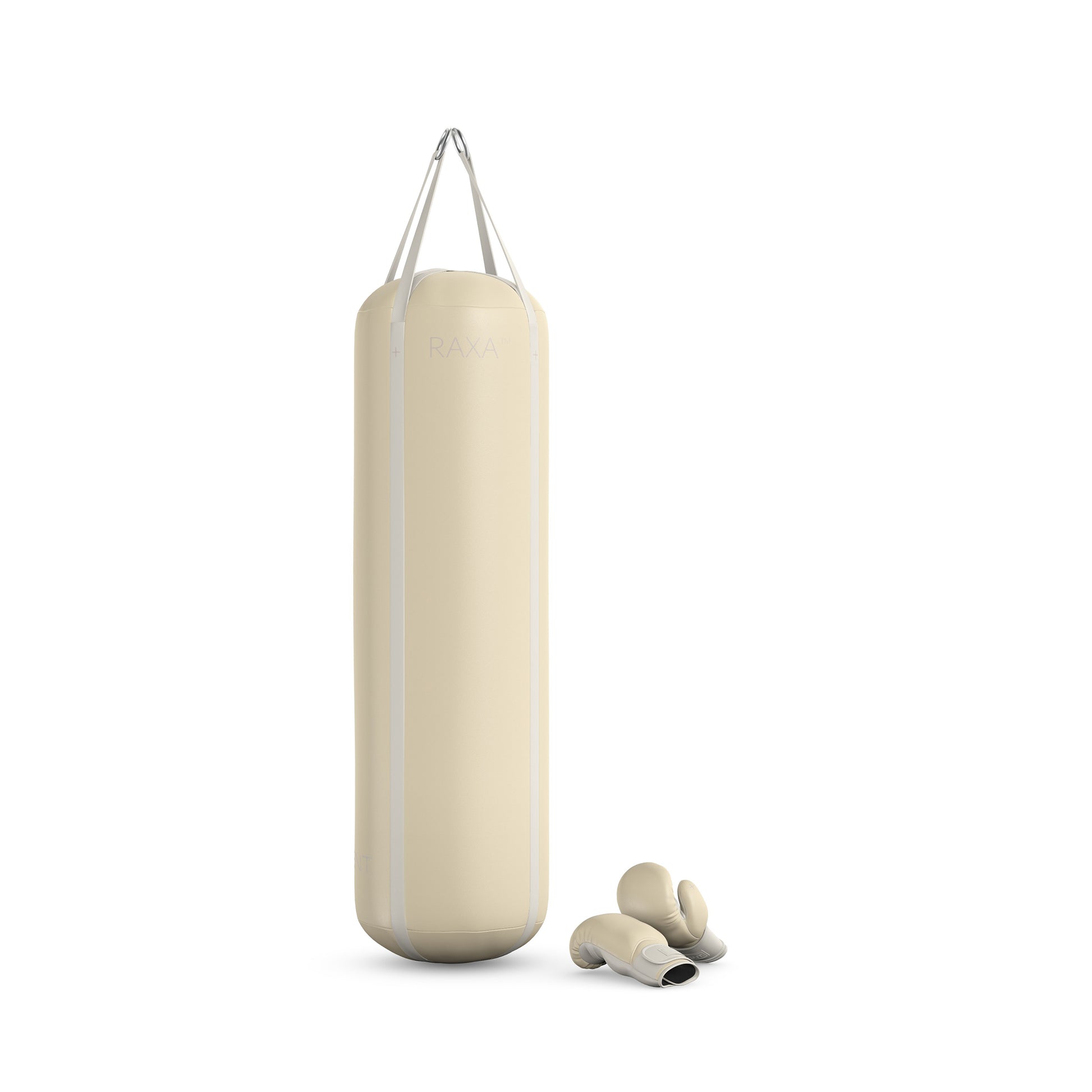 Luxury boxing equipment, handcrafted genuine Italian leather punching bag and boxing gloves, filled with genuine leather scraps. Base leather in beige and accent leather in white color. PENT. RAXA