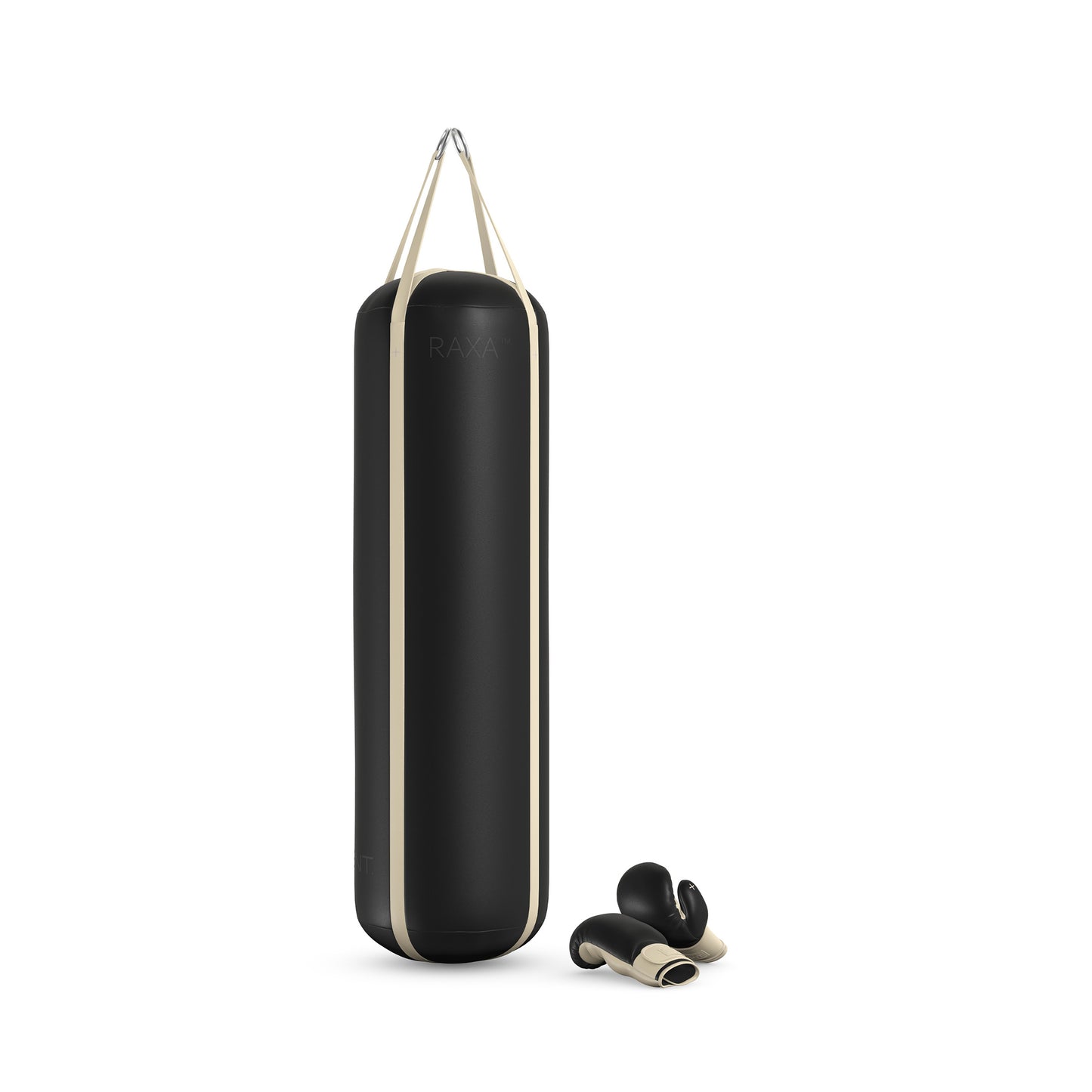 Luxury boxing equipment, handcrafted genuine Italian leather punching bag and boxing gloves, filled with genuine leather scraps. Base leather in black and accent leather in beige color. PENT. RAXA