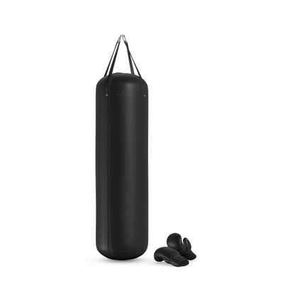 Luxury boxing equipment, handcrafted genuine Italian leather punching bag and boxing gloves, filled with genuine leather scraps. With full black base & accent Italian leather. PENT. RAXA