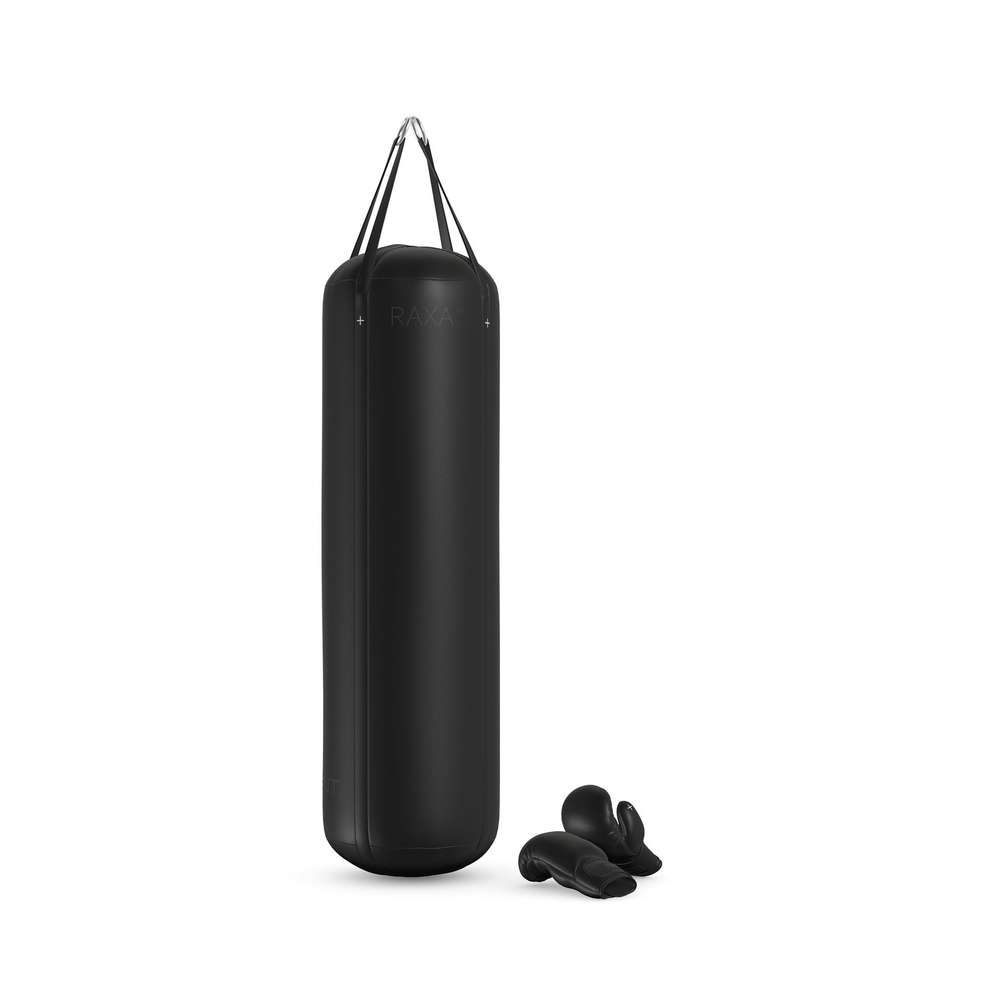 Luxury boxing equipment, handcrafted genuine Italian leather punching bag and boxing gloves, filled with genuine leather scraps. With full black base & accent Italian leather. PENT. RAXA