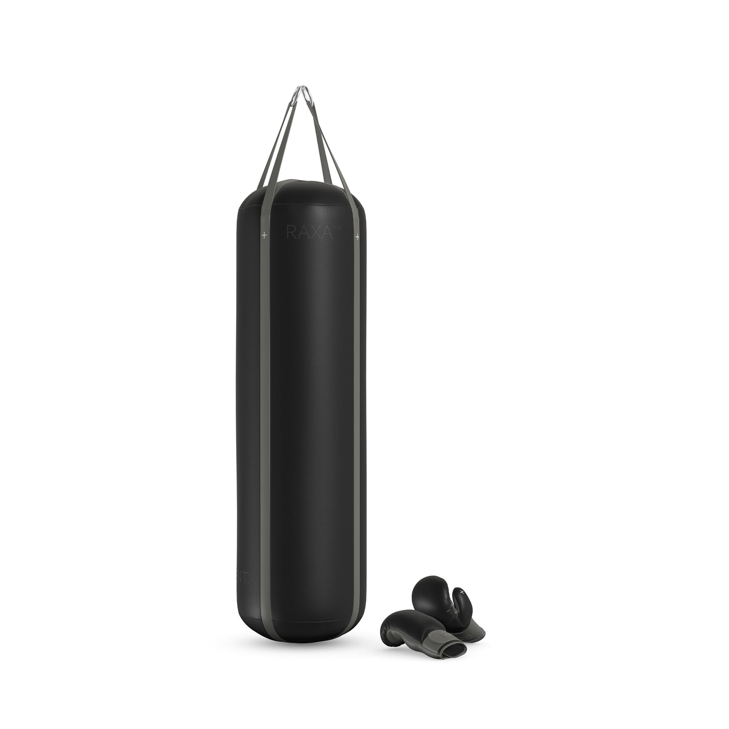 Luxury boxing equipment, handcrafted genuine Italian leather punching bag and boxing gloves, filled with genuine leather scraps. Base leather in black and accent leather in grey color. PENT. RAXA