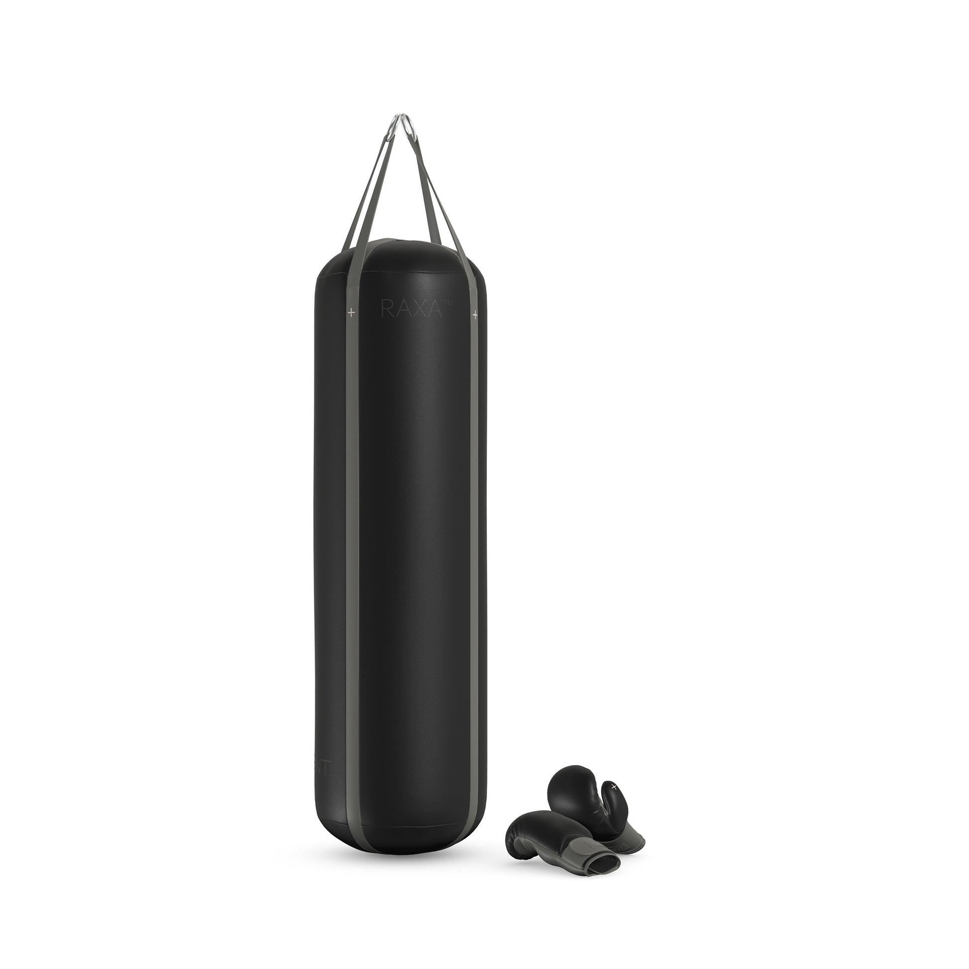 Luxury boxing equipment, handcrafted genuine Italian leather punching bag and boxing gloves, filled with genuine leather scraps. With black base & grey accent Italian leather. PENT. RAXA