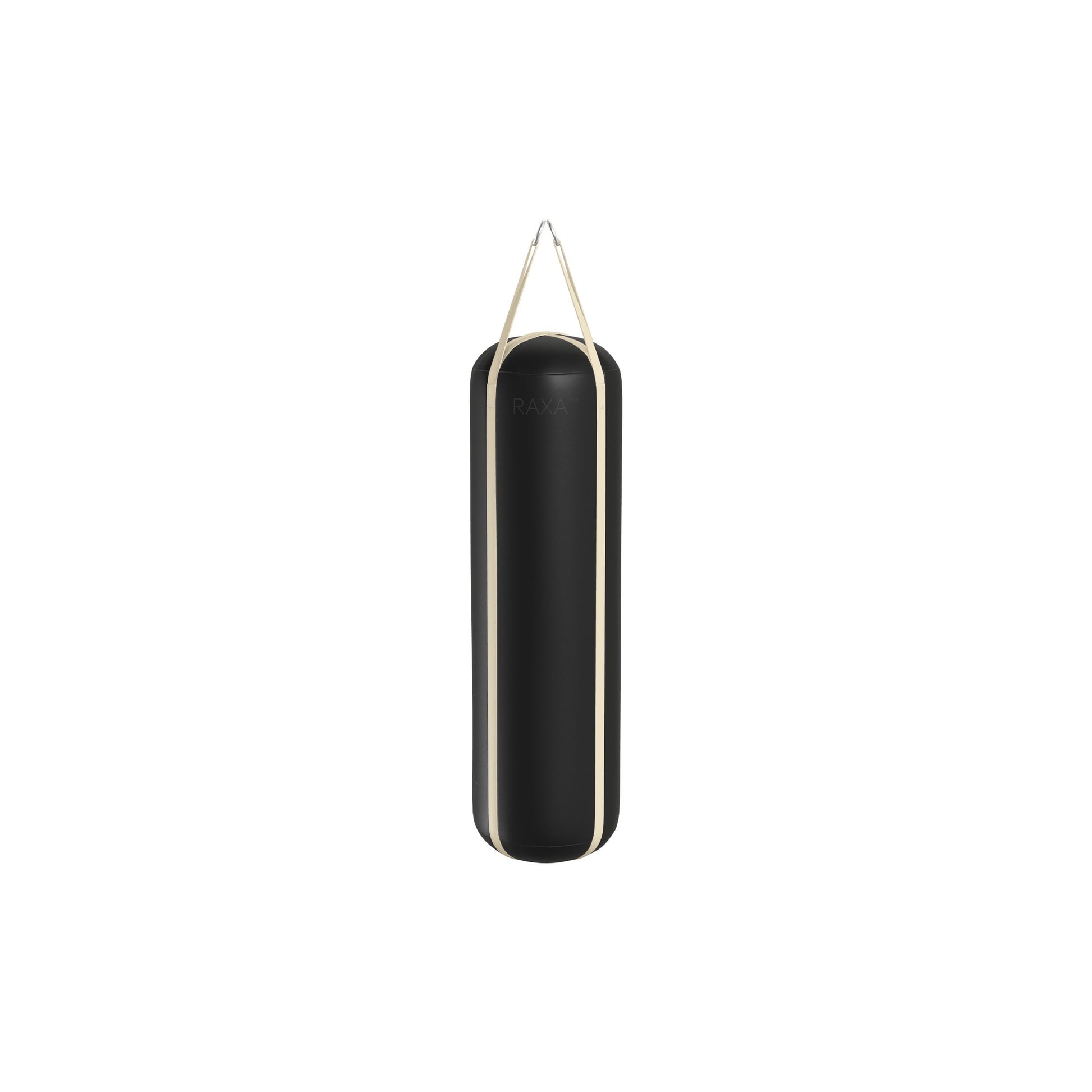 Luxury boxing equipment, handcrafted genuine Italian leather punching bag, filled with genuine leather scraps. With black base & beige accent Italian leather. PENT. RAXA