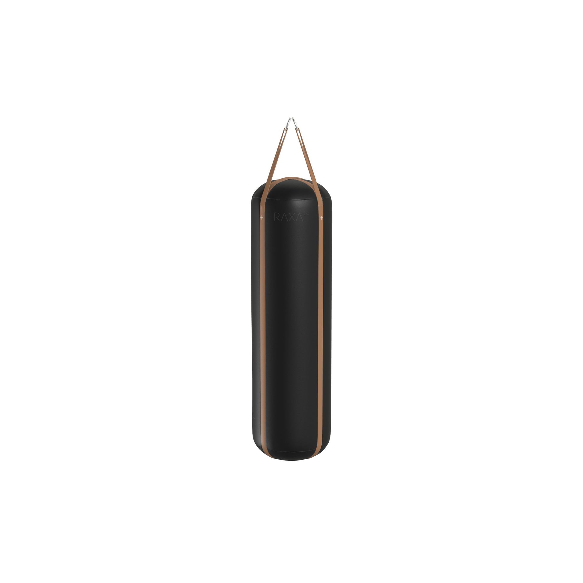 Luxury boxing equipment, handcrafted genuine Italian leather punching bag, filled with genuine leather scraps. With black base & brown accent Italian leather. PENT. RAXA