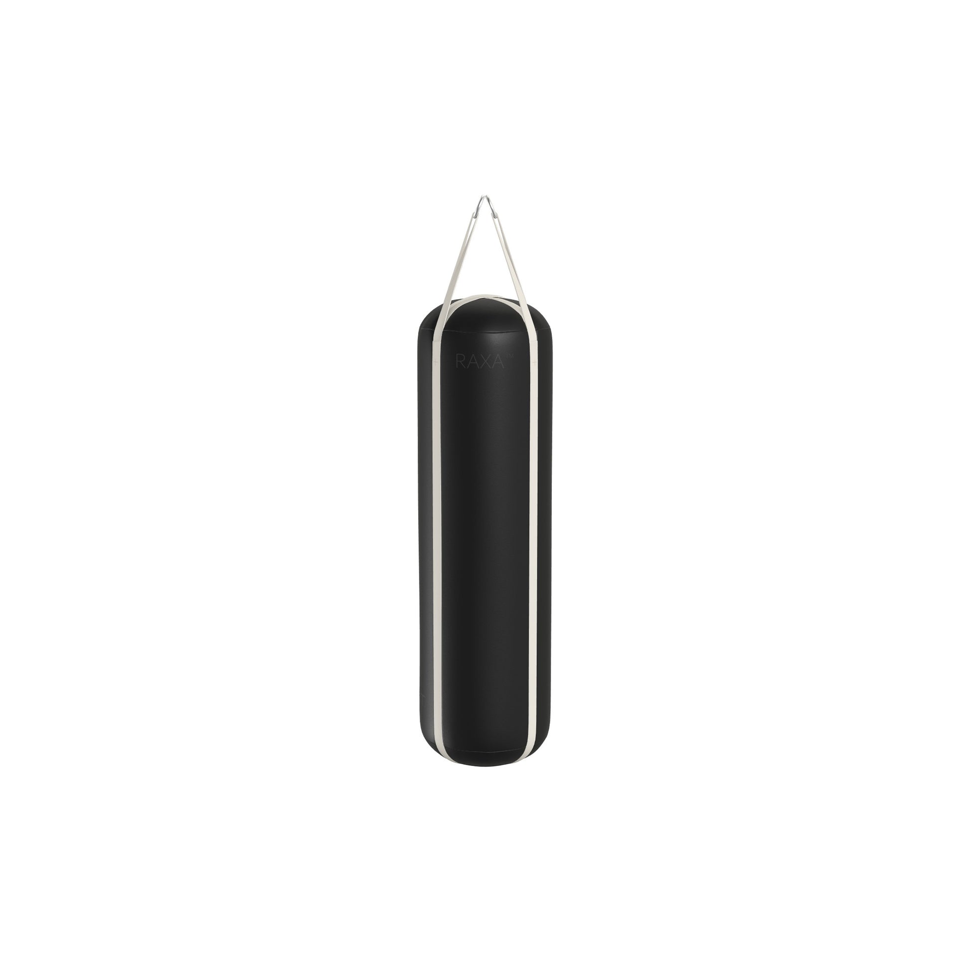 Luxury boxing equipment, handcrafted genuine Italian leather punching bag, filled with genuine leather scraps. With black base & white accent Italian leather. PENT. RAXA