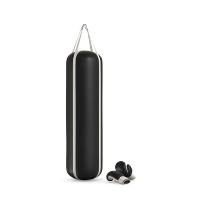 Luxury boxing equipment, handcrafted genuine Italian leather punching bag and boxing gloves, filled with genuine leather scraps. Base leather in black and accent leather in white color. PENT. RAXA