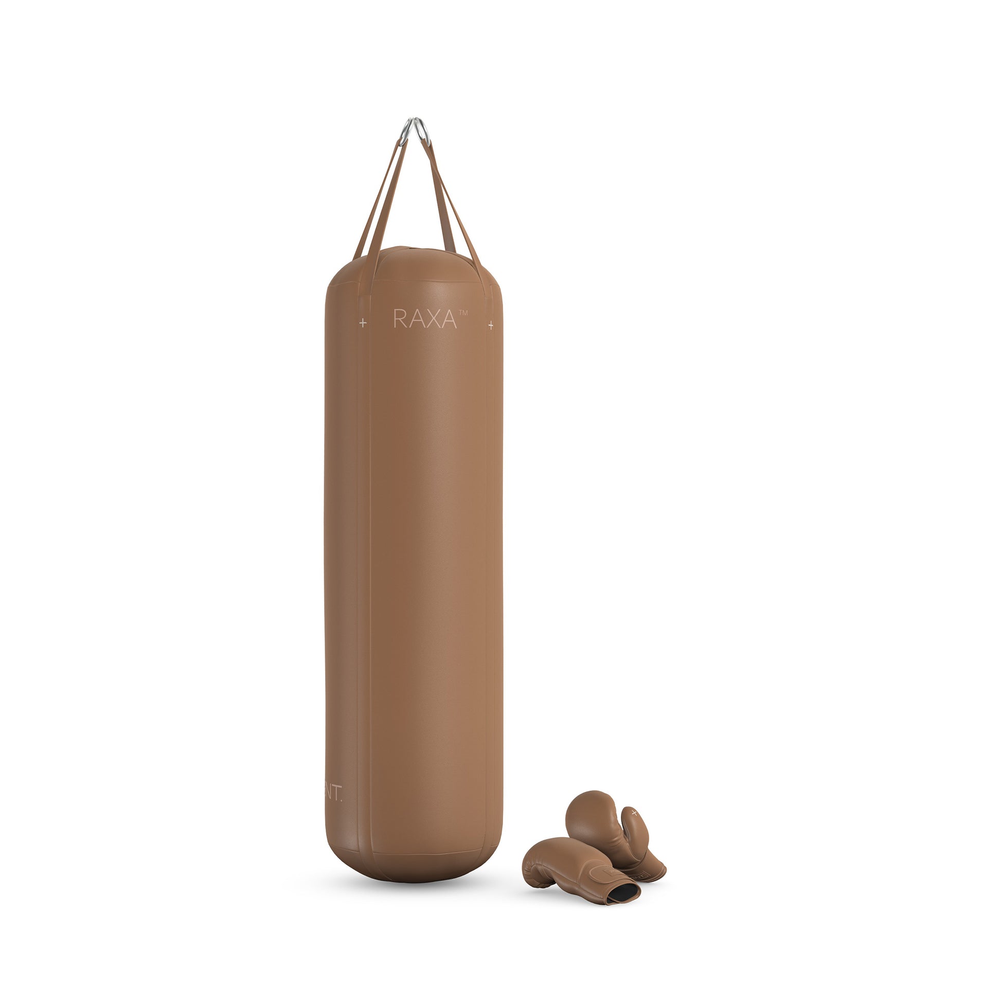 Luxury boxing equipment, handcrafted genuine Italian leather punching bag and boxing gloves, filled with genuine leather scraps. Base leather in brown and accent leather in brown color. PENT. RAXA